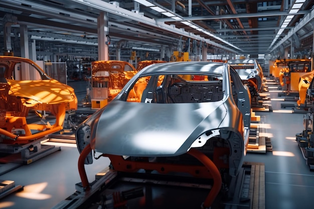 Una fabbrica di automobili con molte macchine sulla catena di montaggio IA generativa