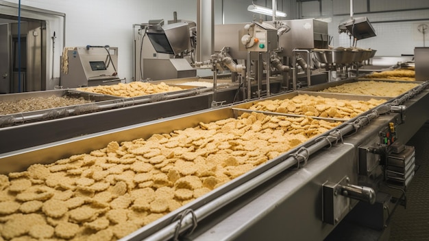 Una fabbrica di trasformazione alimentare con un nastro trasportatore pieno di biscotti.