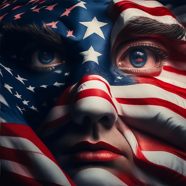 Una faccia con la bandiera americana dipinta sopra per celebrare il felice giorno dell'indipendenza