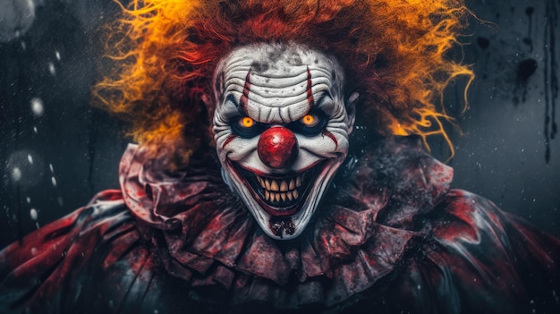 Una faccia da clown raccapricciante e malvagia su sfondo nero Un'immagine contorta e psicotica per l'orrore