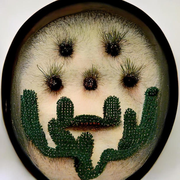 una faccia di cactus è circondata da cactus verdi.