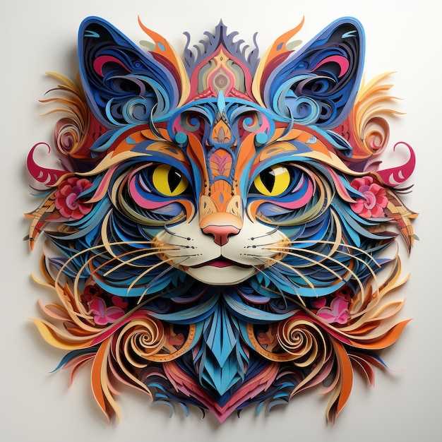 Una faccia di gatto in carta colorata kirigami stile quilling artigianale