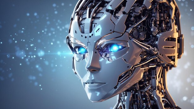 Una faccia di robot di intelligenza artificiale futuristica su sfondo scientifico con design astratto