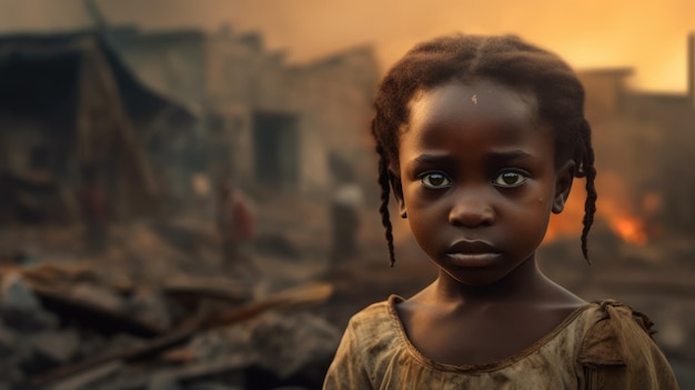 Una faccia triste di una bambina africana in piedi di fronte al crollo di edifici in un'area disastri naturali o vittime di guerra bella Generative AI AIG32