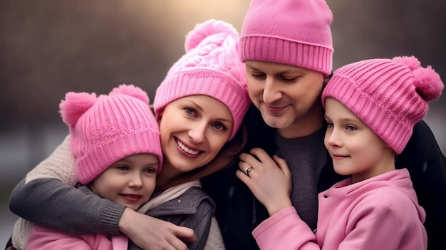 Una famiglia abbraccia una donna con cancro al seno indossando cappelli e sciarpe rosa in segno di sostegno