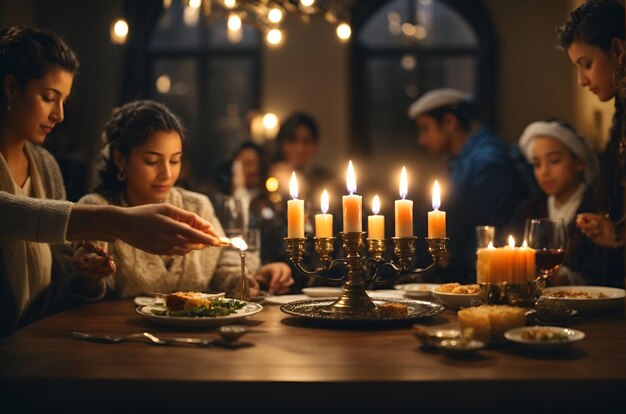 Una famiglia accende una candela per la festa ebraica di Hanukkah