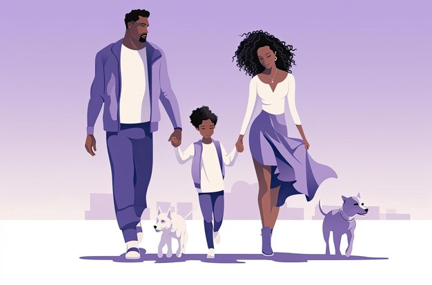 una famiglia afroamericana di cartoni animati che cammina con il loro cane sullo sfondo