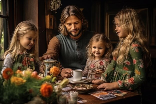 Una famiglia allegra celebra la Pasqua creando insieme uova splendidamente decorate