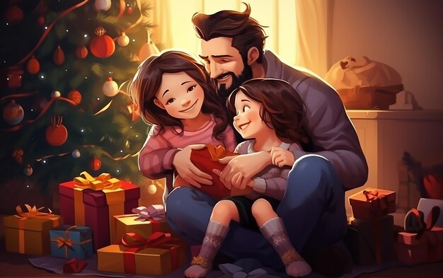 Una famiglia amichevole si siede vicino all'albero di Natale decorato
