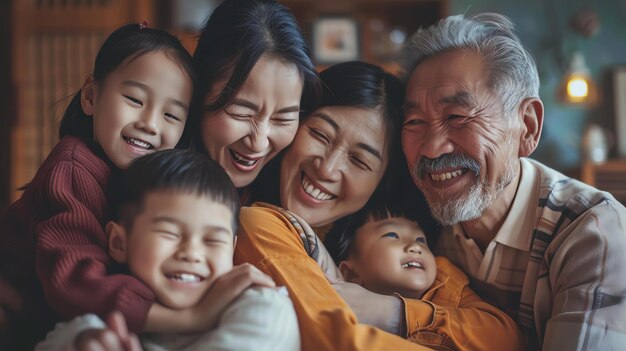 Una famiglia asiatica sta posando per una foto i nonni sono seduti al centro con i genitori e i bambini in piedi su entrambi i lati