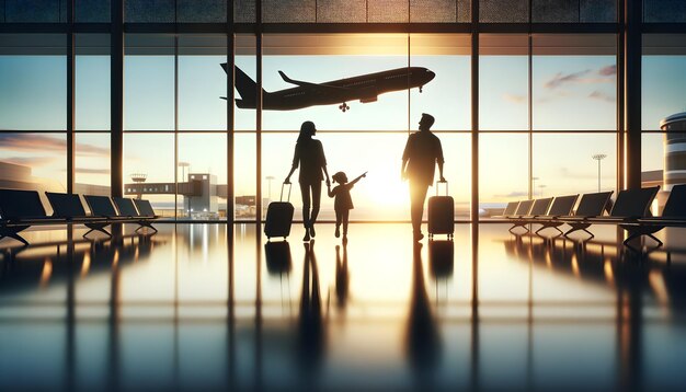 Una famiglia cammina in un aeroporto un bambino indica come un aereo decolla all'alba