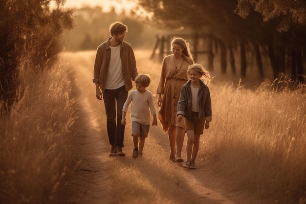 Una famiglia cammina lungo un sentiero in un campo