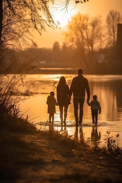 una famiglia cammina lungo un sentiero nell'acqua al tramonto