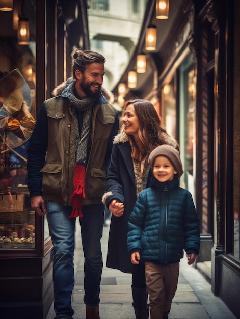 Una famiglia cammina per strada con un bambino che si tiene per mano.