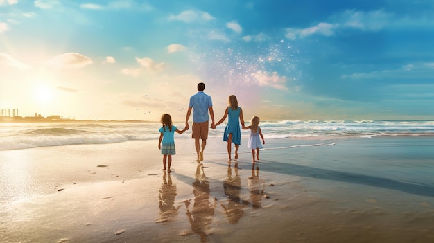 Una famiglia cammina su una spiaggia al tramonto