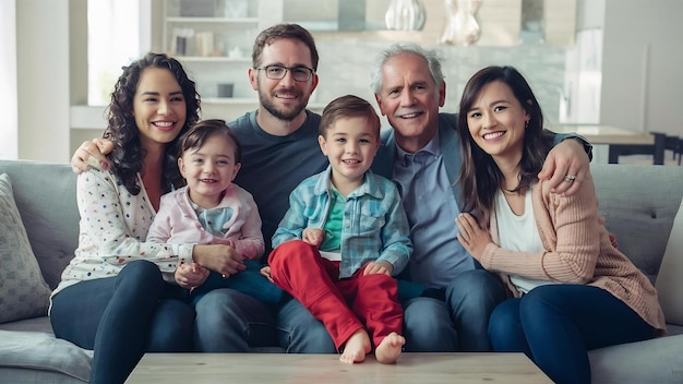 Una famiglia carina e numerosa seduta a casa.