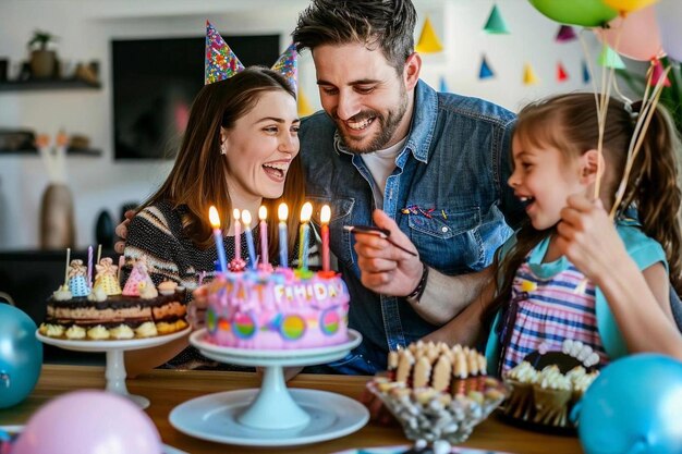 una famiglia celebra il loro compleanno e i bambini festeggiano