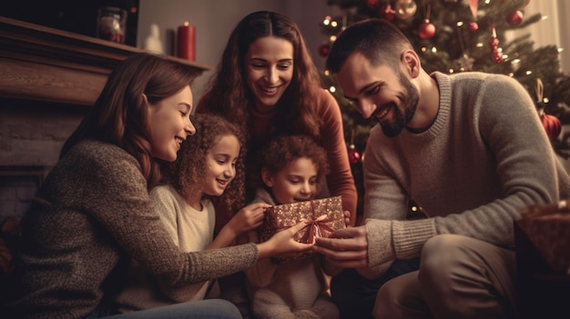 Una famiglia che apre un regalo di Natale davanti a un albero di Natale