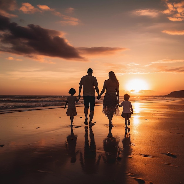 Una famiglia che cammina sulla spiaggia al tramonto