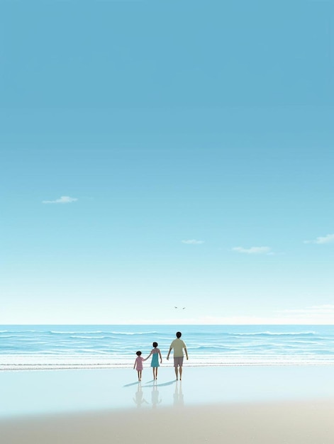Una famiglia che cammina sulla spiaggia con due bambini sulla spiaggia.