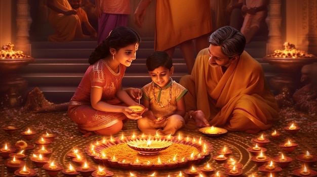Una famiglia che celebra Diwali con un bambino e un uomo con in mano una lampada