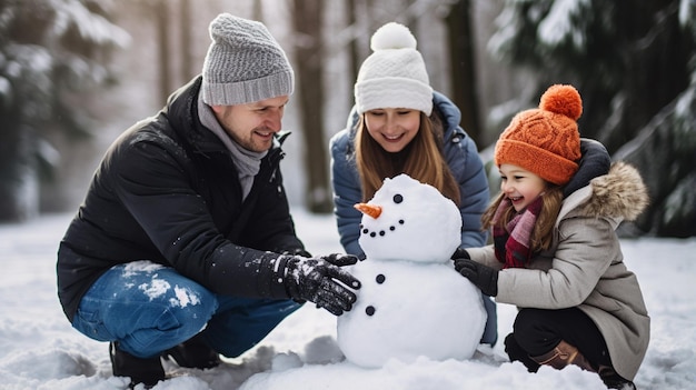 una famiglia che costruisce un pupazzo di neve