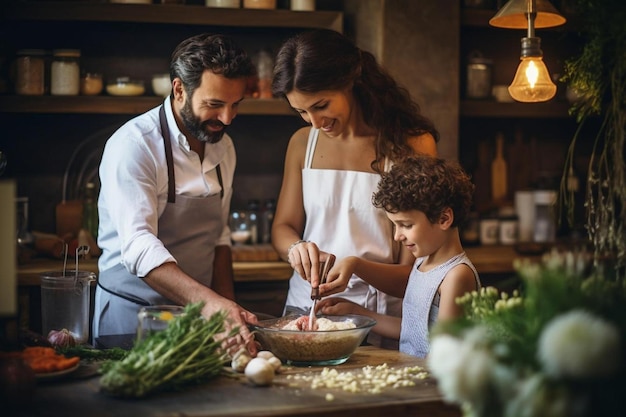 Una famiglia che cucina insieme in una cucina.