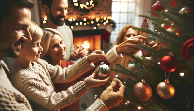 Una famiglia che decora l'albero di Natale