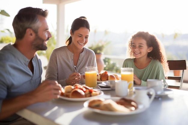 una famiglia che fa colazione a tavola con cibo e bevande.