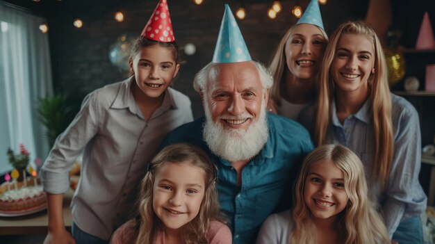 Una famiglia che festeggia un compleanno con un cappello da compleanno