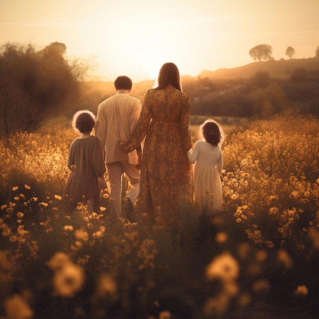 Una famiglia che guarda il tramonto tra i fiori del campo