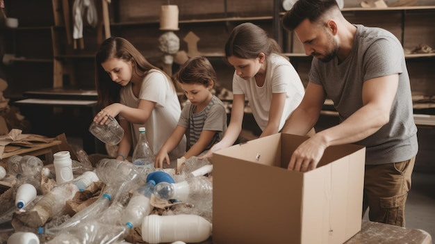 Una famiglia che lavora in un laboratorio con una scatola piena di bottiglie di plastica