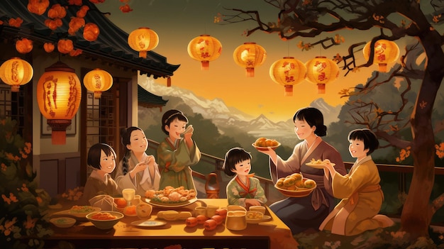 una famiglia che mangia cibo con lanterne intorno a loro.