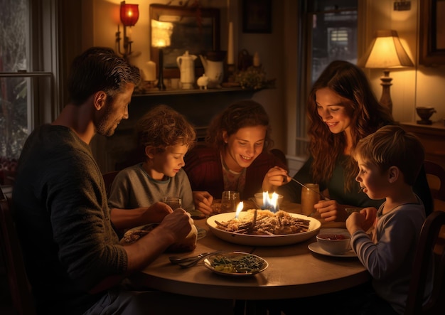 Una famiglia che mangia insieme in un'accogliente sala da pranzo