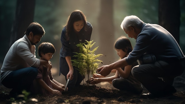 Una famiglia che pianta alberi nel bosco IA generativa