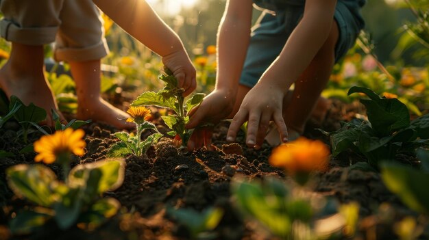 Una famiglia che pianta fiori insieme nel loro giardino