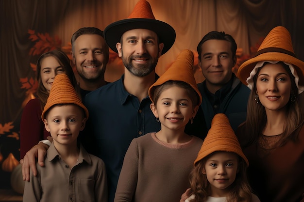 Una famiglia che scatta una foto di gruppo con tutti coloro che indossano i cappelli del Ringraziamento come sfondo vettoriale