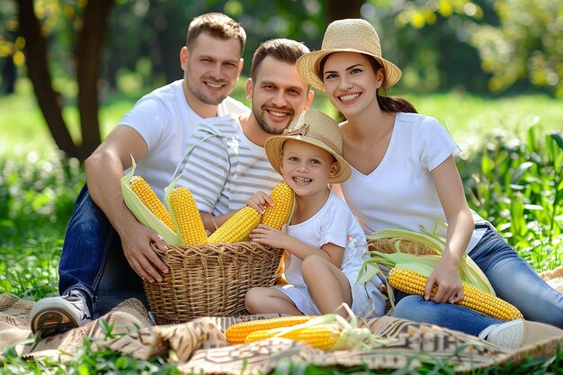 Una famiglia che si diverte a fare un picnic con la paglia di mais