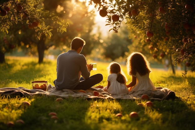 Una famiglia che si diverte a fare un picnic sotto un baldacchino di mele