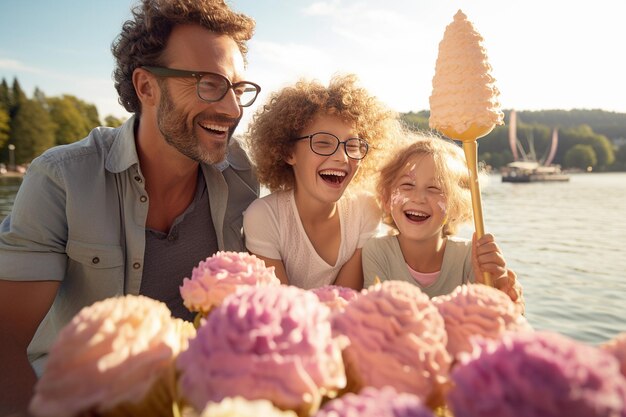 Una famiglia che si gode un cono di gelato in un'escursione estiva al parco