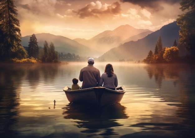 Una famiglia che si gode un giro in barca su un lago calmo
