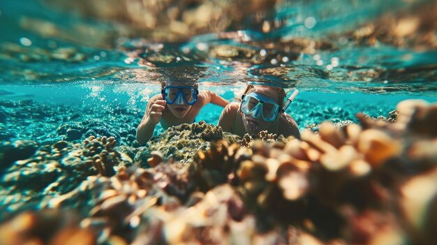 Una famiglia che si immerge sotto l'acqua del mare e si gode l'IA generativa