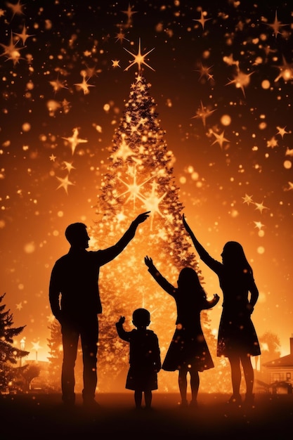 una famiglia che si tiene per mano e si rallegra davanti a un albero di Natale splendidamente illuminato