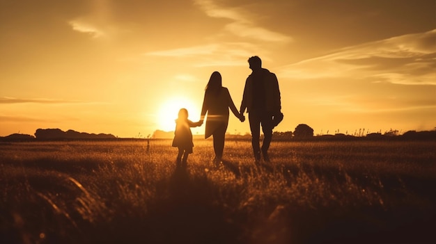 Una famiglia con due sagome di bambini nell'ora del tramonto della fattoria