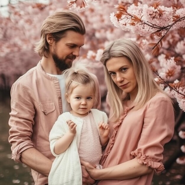 Una famiglia con un bambino in rosa