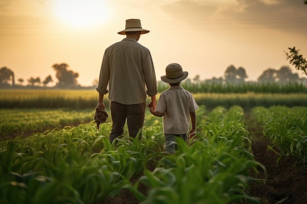 una famiglia di agricoltori lavora insieme in un vasto campo verde sostenendo l’eredità dell’agricoltura