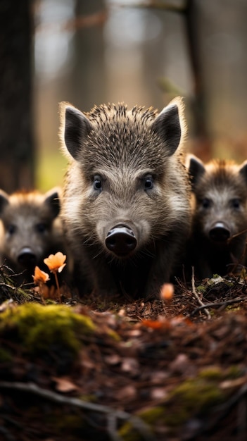 Una famiglia di cinghiali selvatici che cercano cibo nel suolo della foresta con i loro distintivi muschi