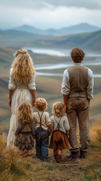 Una famiglia di cinque persone che guarda un vasto paesaggio