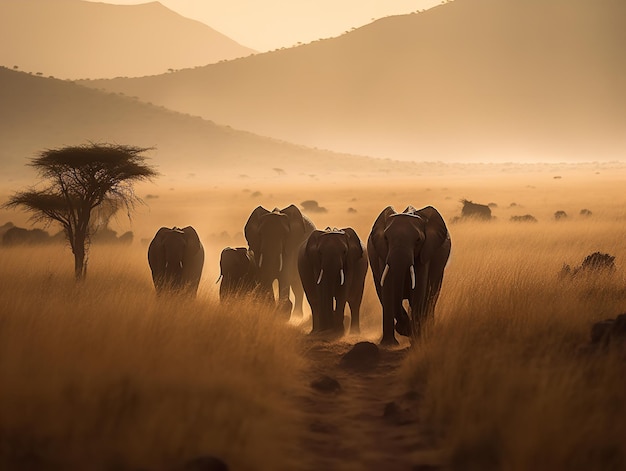 Una famiglia di elefanti attraversa il Serengeti