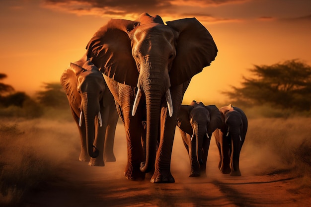 una famiglia di elefanti cammina in fila e fa una fila nella savana dell'Africa al tramonto con il sole gigante